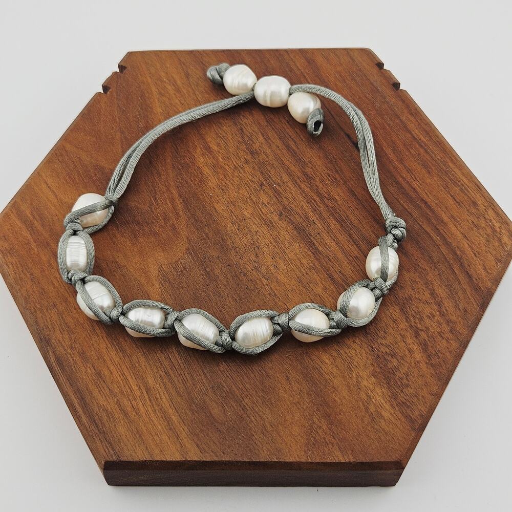 Pearl Beaded Adjustable String Bracelet Cream Gray Coastal Beachy Stackable
